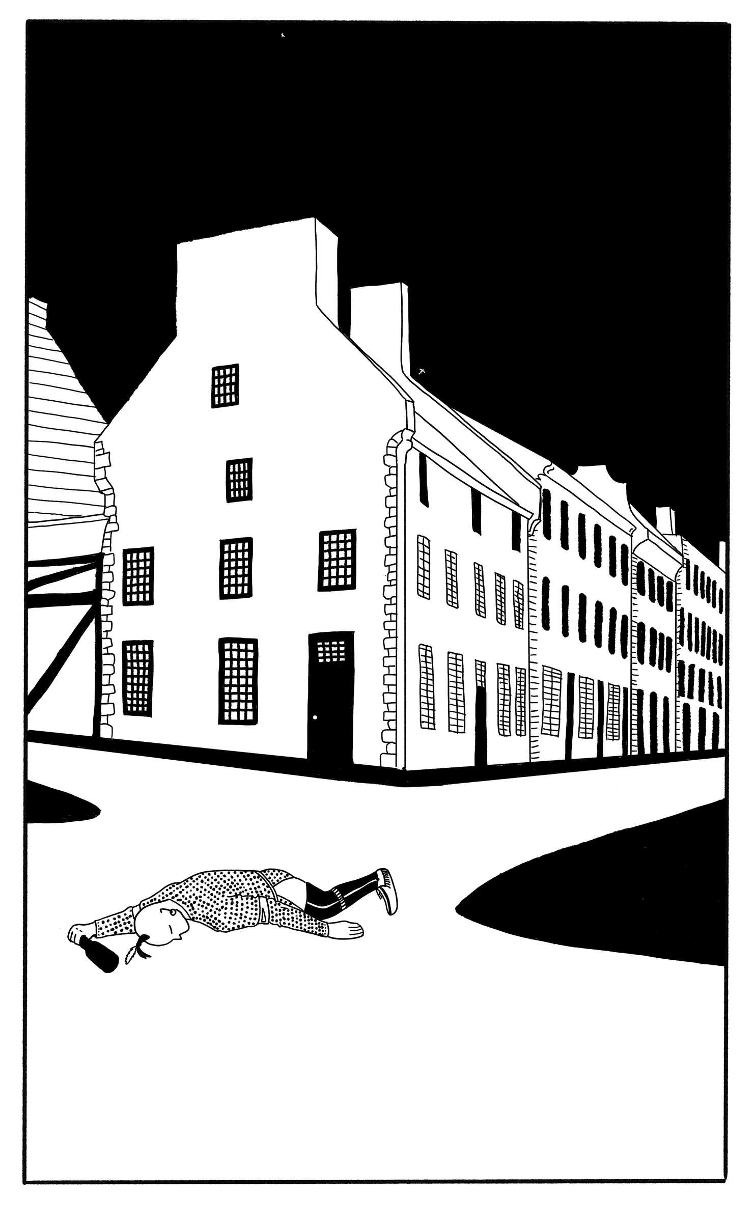 A stone row of houses under a starry night sky; a man lies in the snow of the street.