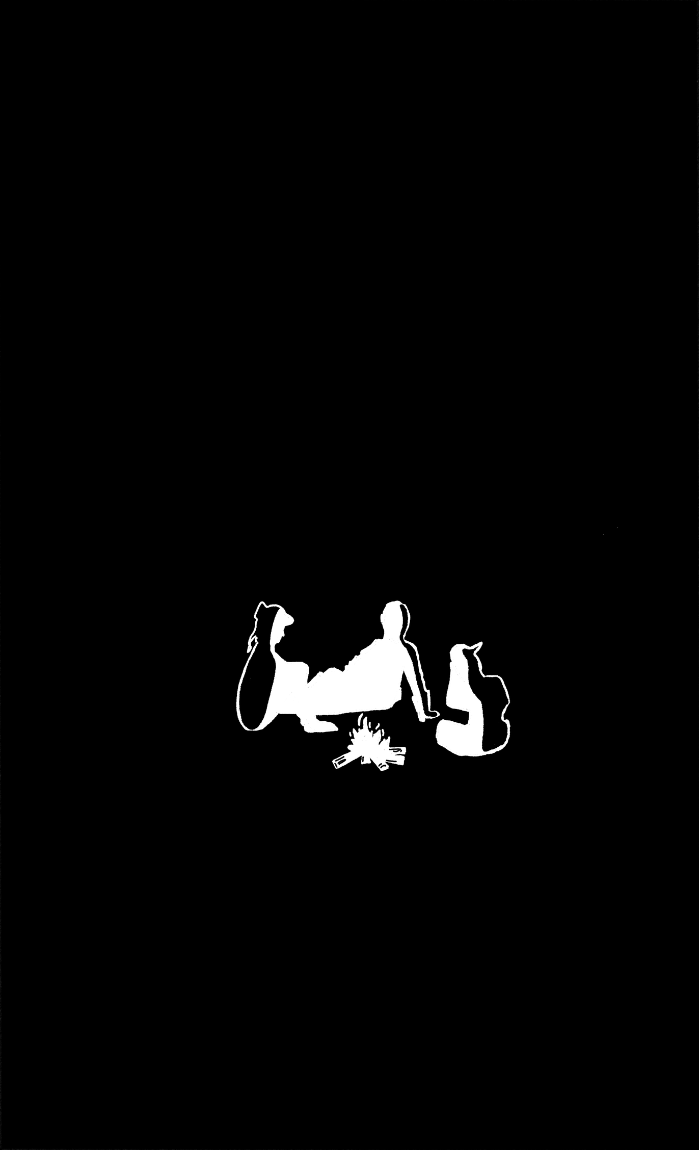 On a field of solid black, three small white figures huddle around a fire in the snow.