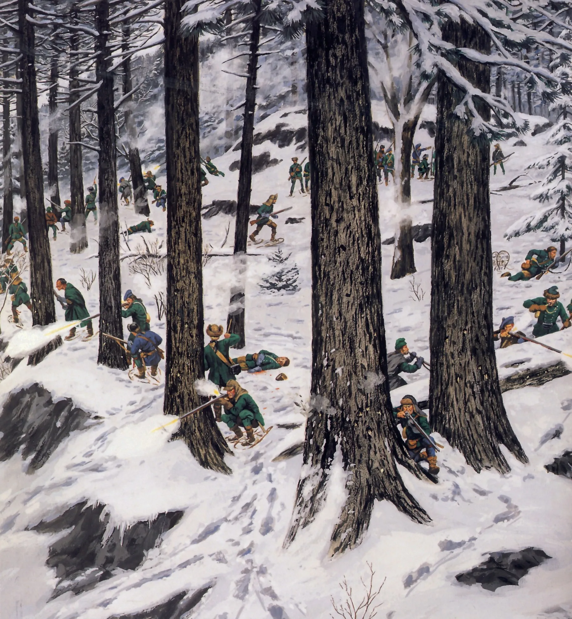 Rangers in green coats fight among tall pines on a snowy slope, some on snowshoes, musket smoke drifting between the trees.