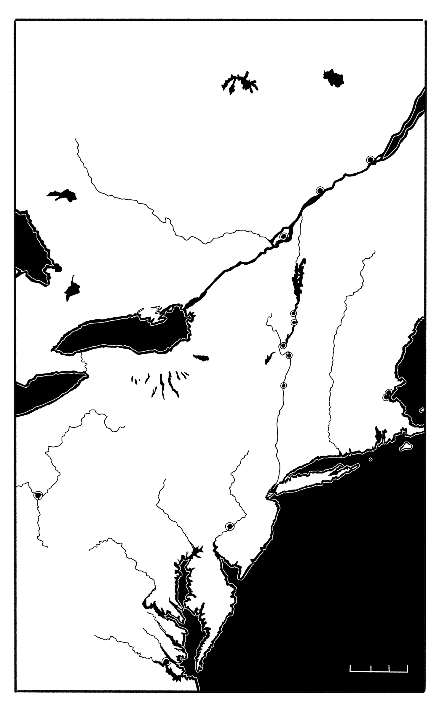 Map of the northeastern colonies and New France, from Quebec south to Virginia, marking the towns, forts and waterways of Brown’s story.