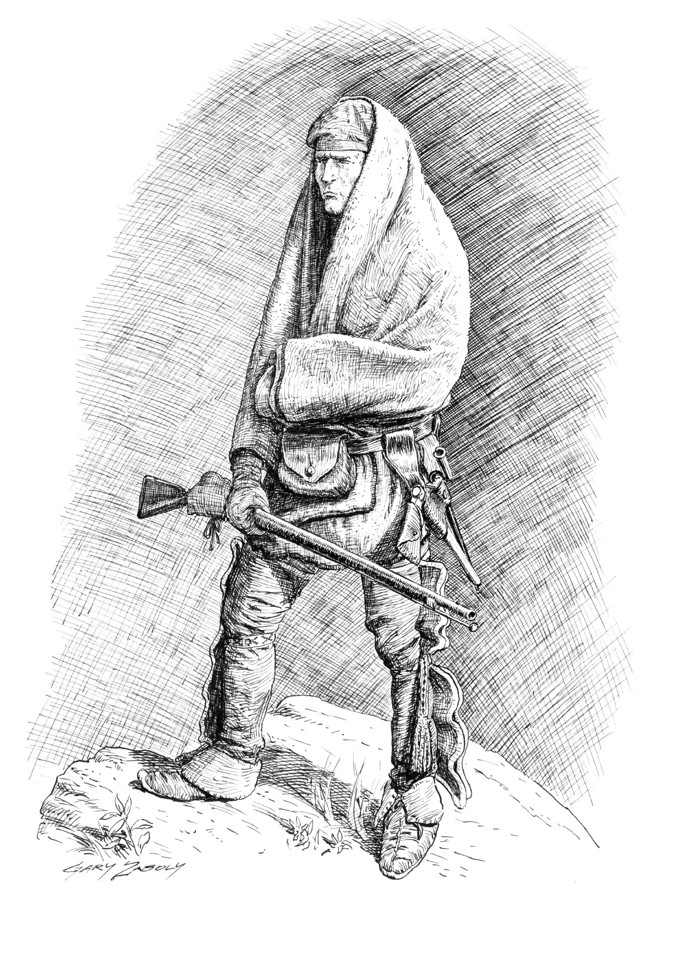 A ranger stands watch on a snowy rise, a blanket drawn over his head and shoulders, his musket in his hands.