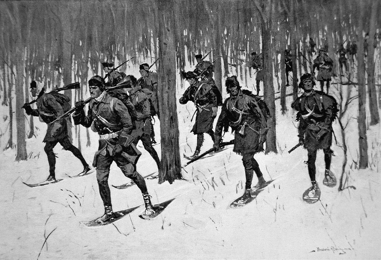 Rangers in fur caps and fringed coats march single file on snowshoes through a winter forest, muskets in hand.